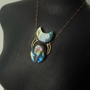Labradorite Crescent & Oval Pendant Necklace - Gold Tone handmade jewelry for